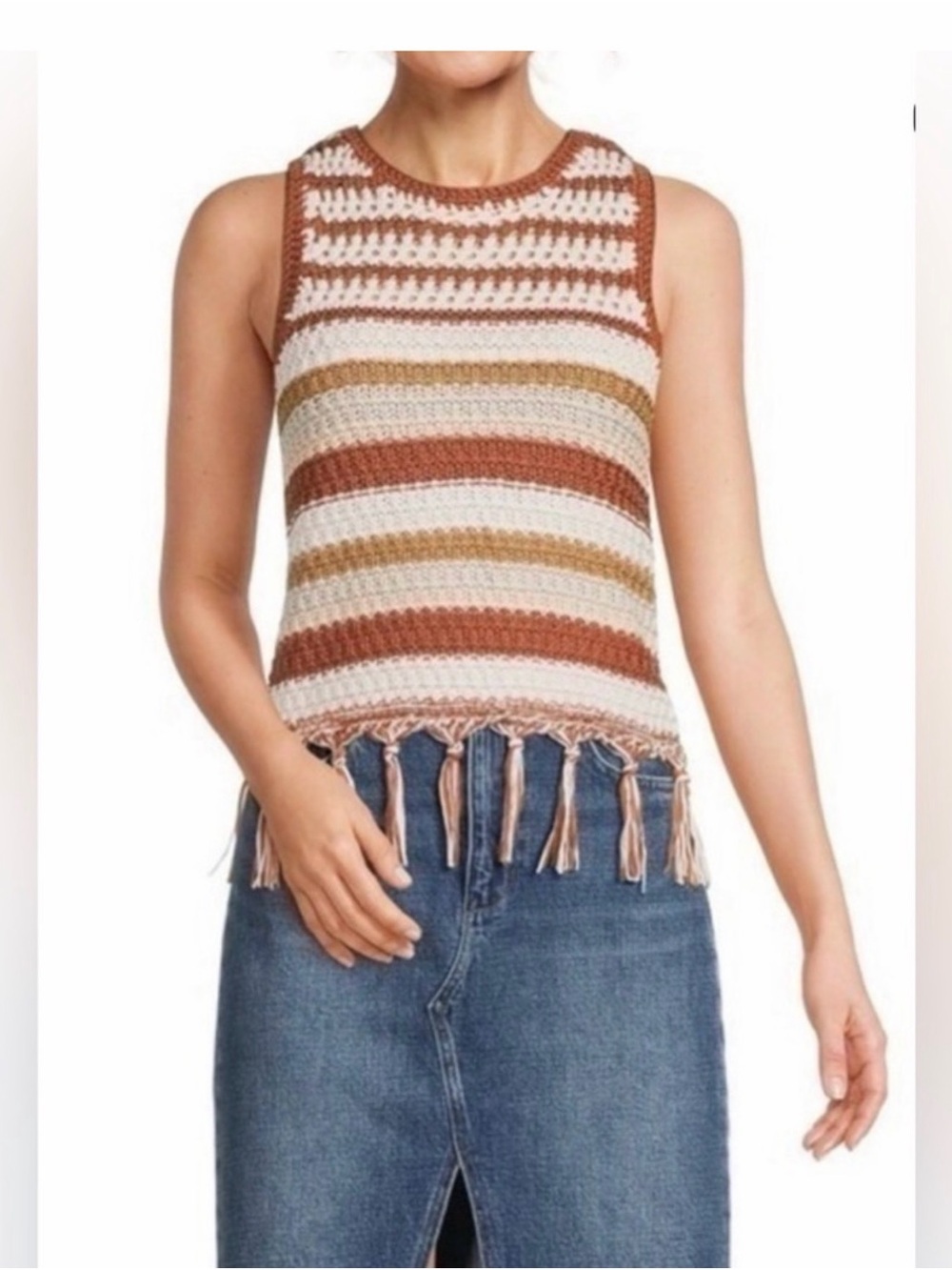 Sam Edelman Striped Crochet Fringe Tank - White, Brown & Tan